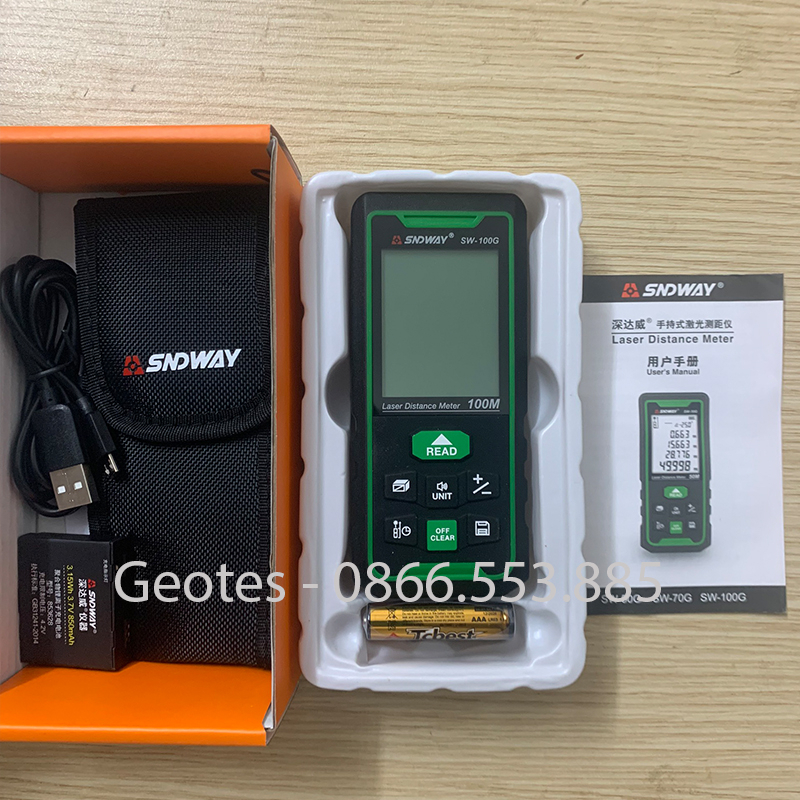 Máy đo khoảng cách Sndway SW-100G bằng tia laser màu xanh, máy chuẩn chính hãng, đo xa 100m, sử dụng được cả ngoài trời