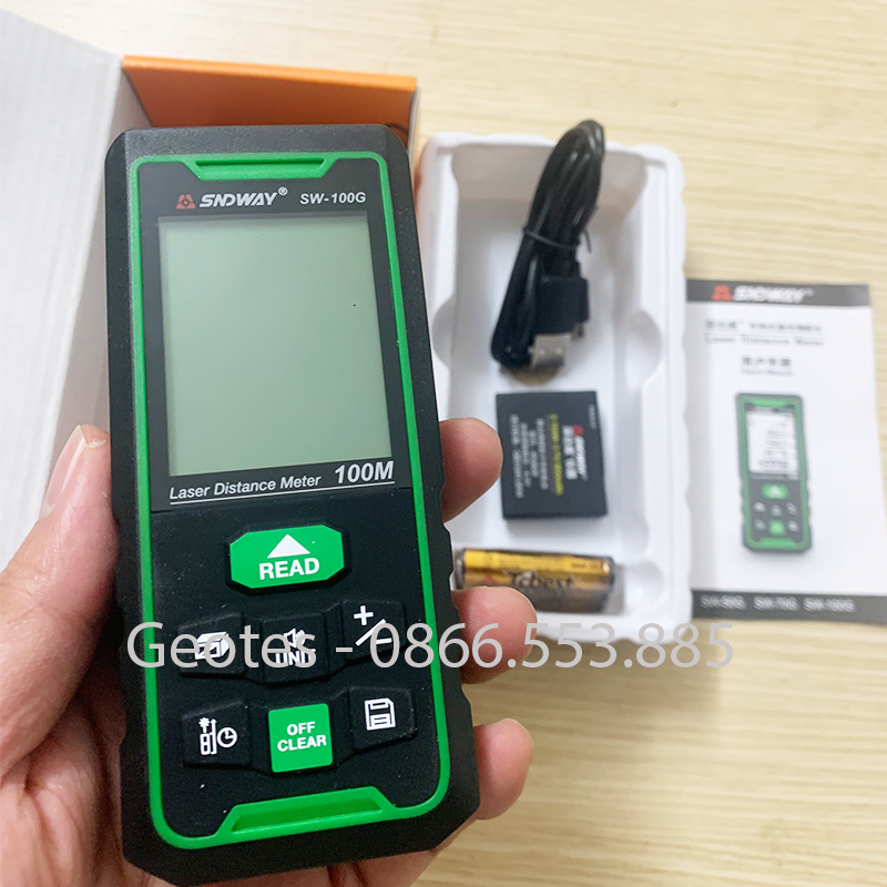 Máy đo khoảng cách Sndway SW-100G bằng tia laser màu xanh, máy chuẩn chính hãng, đo xa 100m, sử dụng được cả ngoài trời
