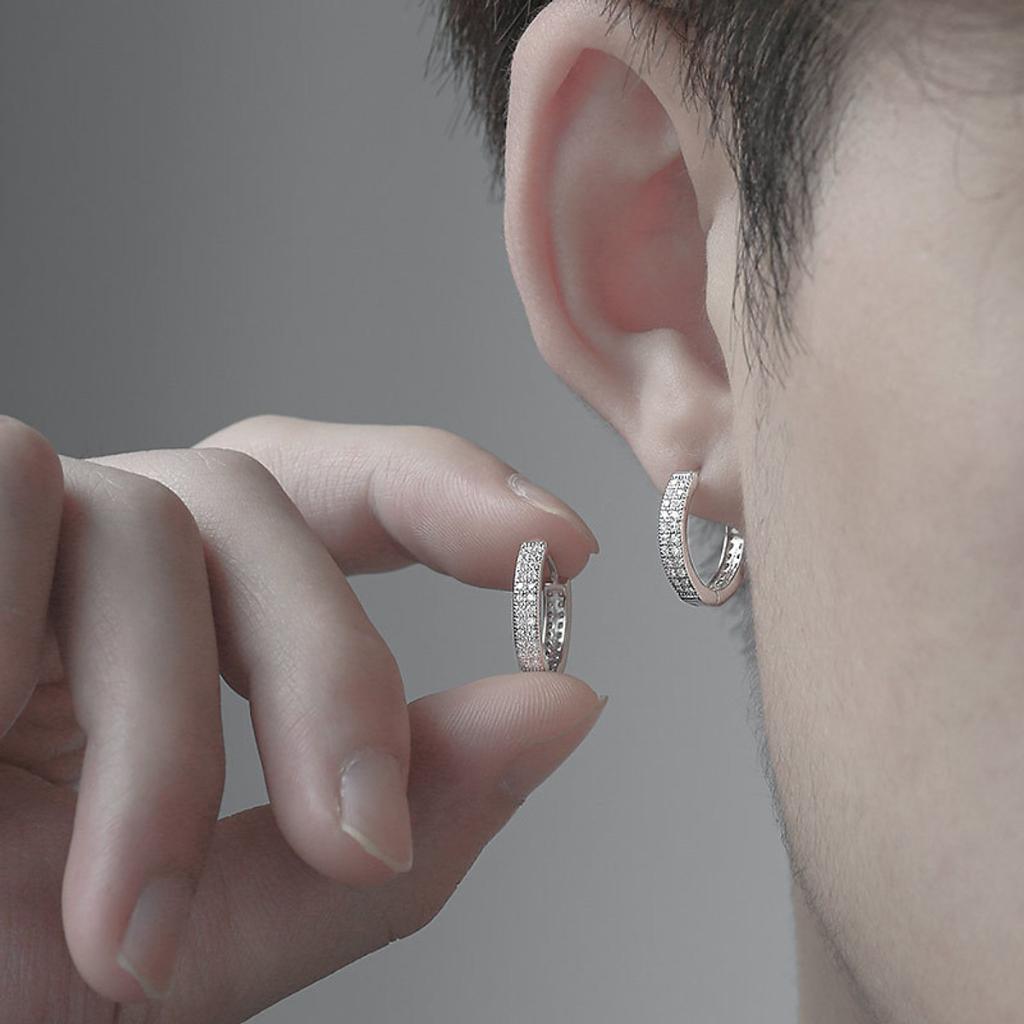 Khuyên tai nam nữ bạc 925 vòng tròn đính đá chốt bấm, bông tai bạc đơn giản cá tính unisex MINH ANH Silver