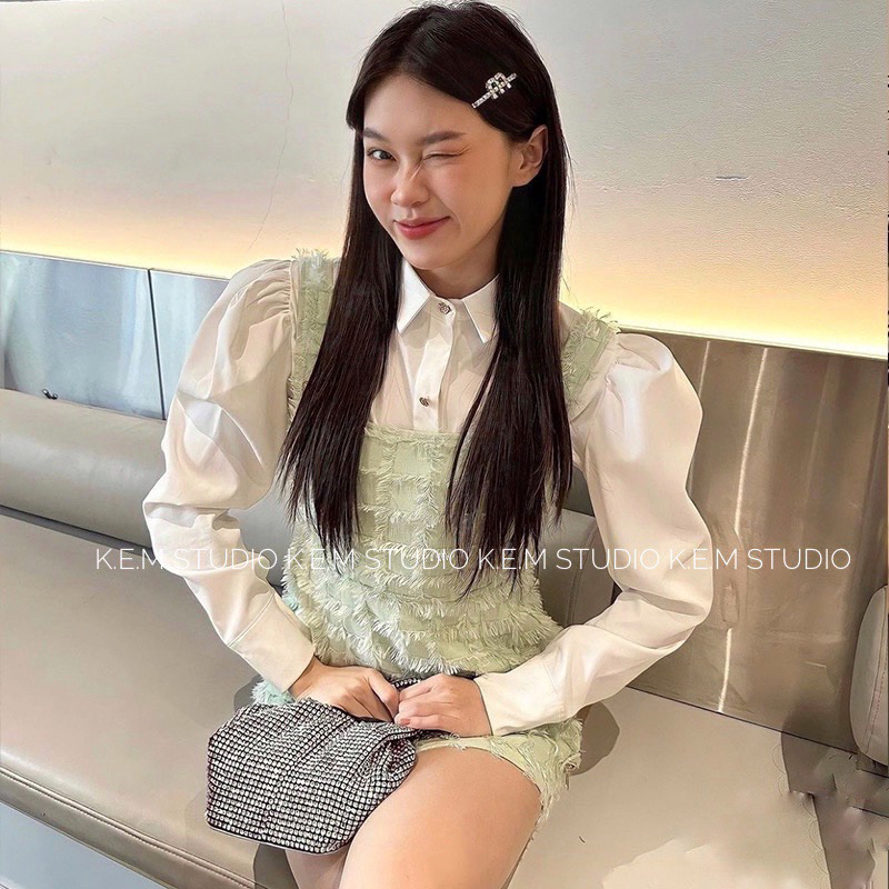 Set váy ô lông mix áo sơmi tay bồng cover Tingoan new 2023-Kem.Studio