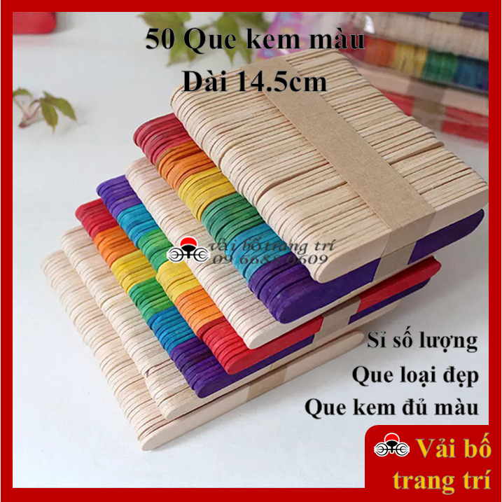 Que kem màu, que kem gỗ màu, 50 que dài 14.5cm, que kem gỗ làm mô hình, handmade, khuấy cafe, que đè lưỡi