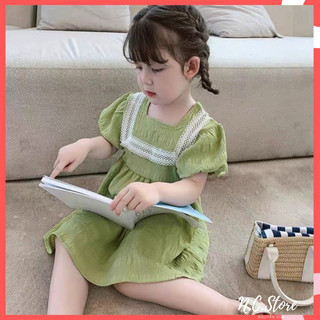 Đầm xanh bơ bé gái cổ vuông phối ren ngắn tay
