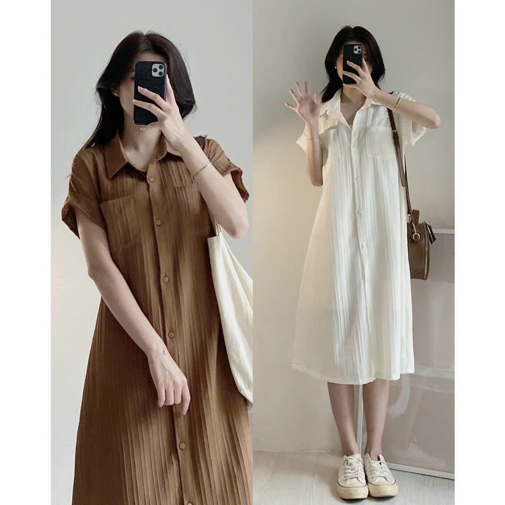 Váy suông sơ mi hàn quốc,váy bầu công sở,váy Bigsize, chất đũi gân mềm mịn