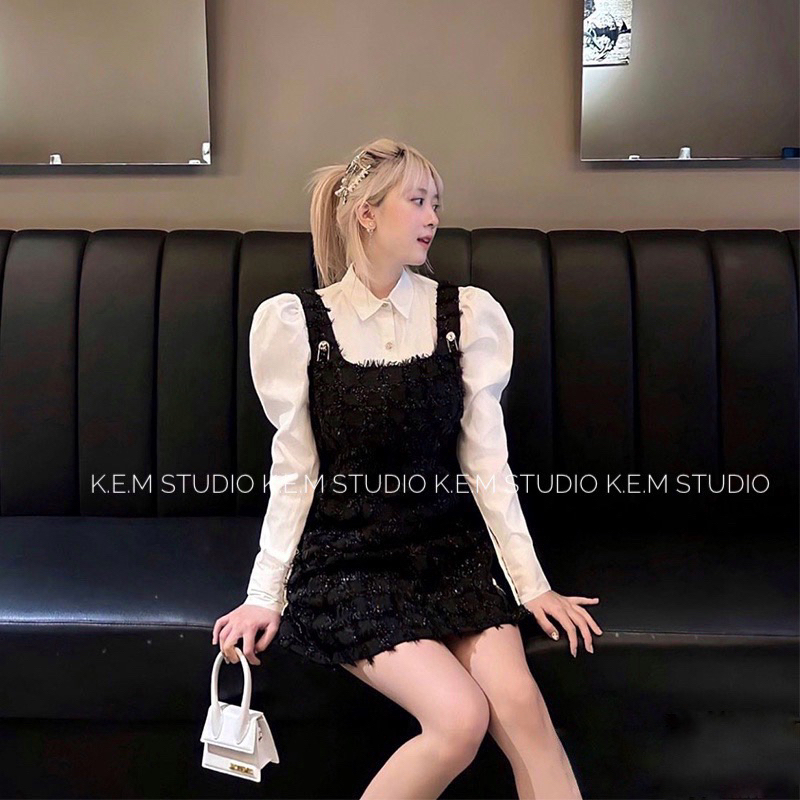 Set váy ô lông mix áo sơmi tay bồng cover Tingoan new 2023-Kem.Studio