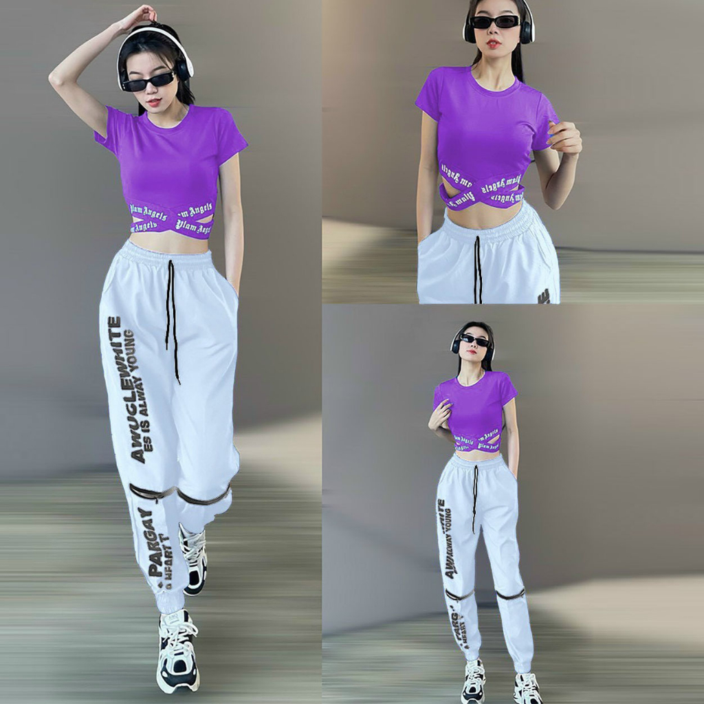 Bộ tập gym nữ Pagay gồm quần jogger chất gió áo croptop chất thun tập gym, yoga, zumba, nhảy hiphop aerobic, đi chơi