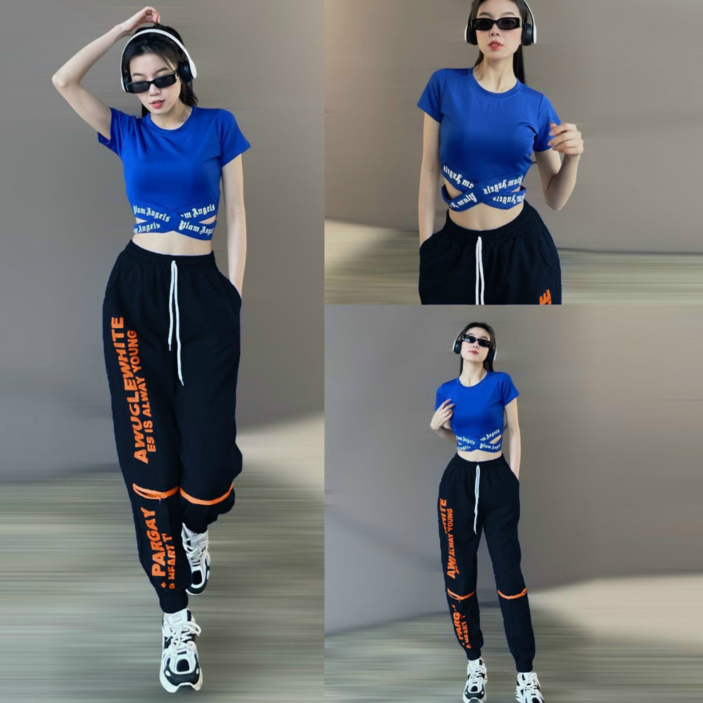 Bộ tập gym nữ Pagay gồm quần jogger chất gió áo croptop chất thun tập gym, yoga, zumba, nhảy hiphop aerobic, đi chơi