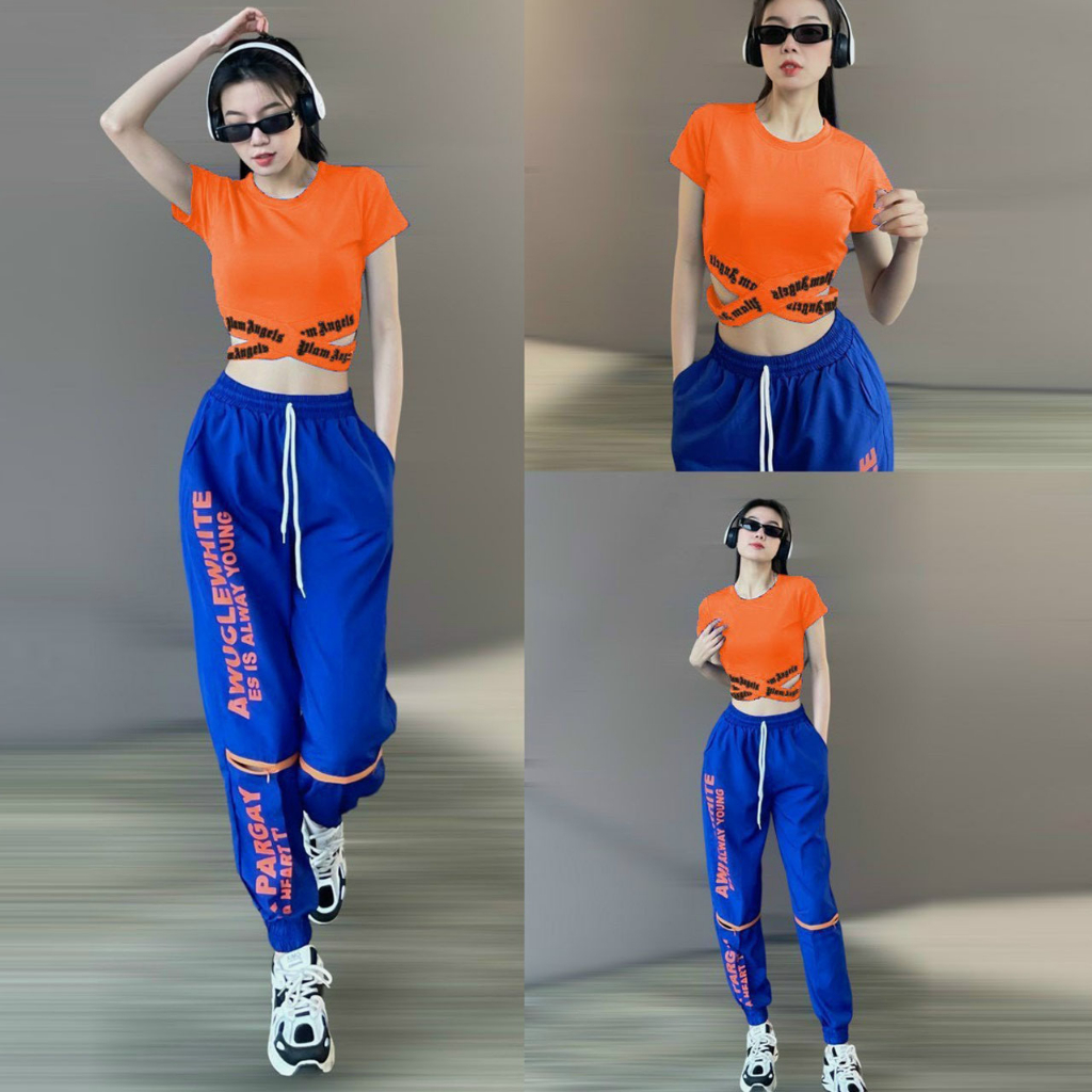 Bộ tập gym nữ Pagay gồm quần jogger chất gió áo croptop chất thun tập gym, yoga, zumba, nhảy hiphop aerobic, đi chơi