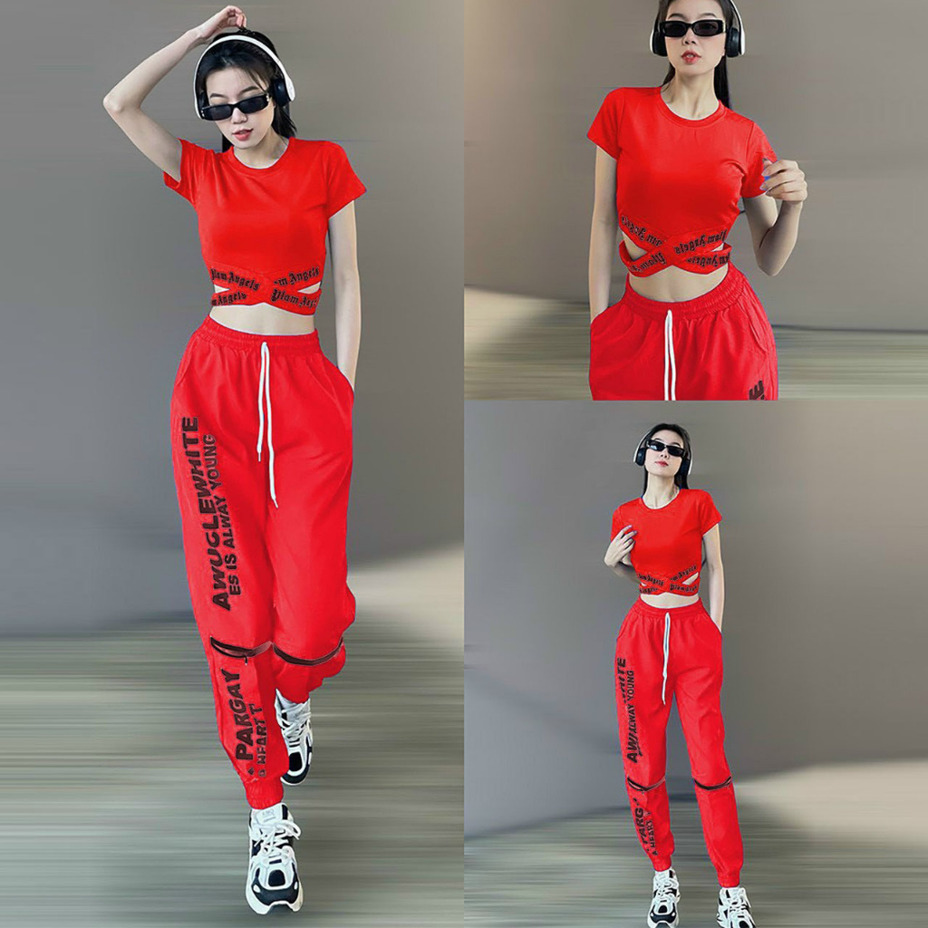 Bộ tập gym nữ Pagay gồm quần jogger chất gió áo croptop chất thun tập gym, yoga, zumba, nhảy hiphop aerobic, đi chơi