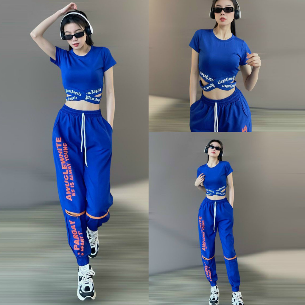 Bộ tập gym nữ Pagay gồm quần jogger chất gió áo croptop chất thun tập gym, yoga, zumba, nhảy hiphop aerobic, đi chơi