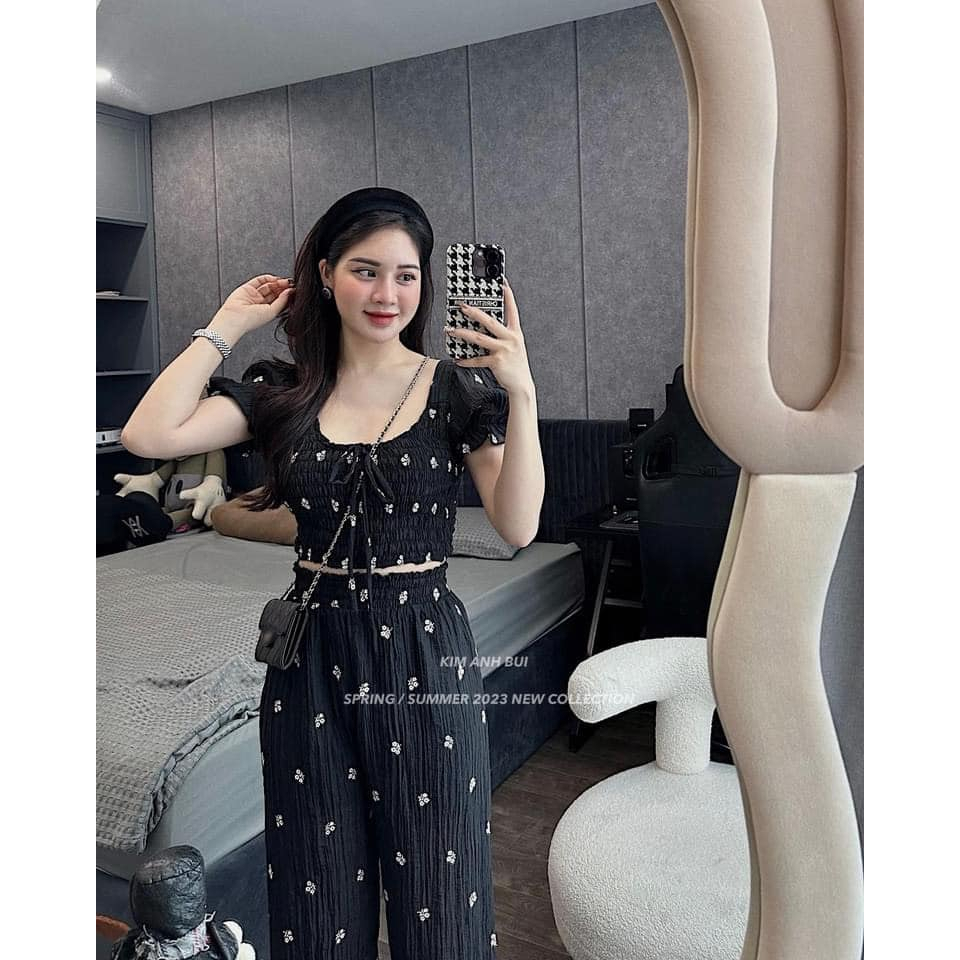 Sét tơ áo hoa chun croptop + quần suông 2 lớp bèo gấu (kèm ảnh thật và video)