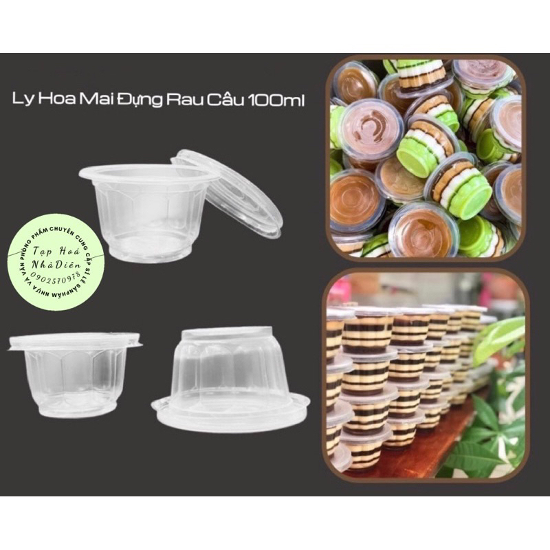 Combo 100 ly nhựa bông mai đổ rau câu 100ml kèm nắp