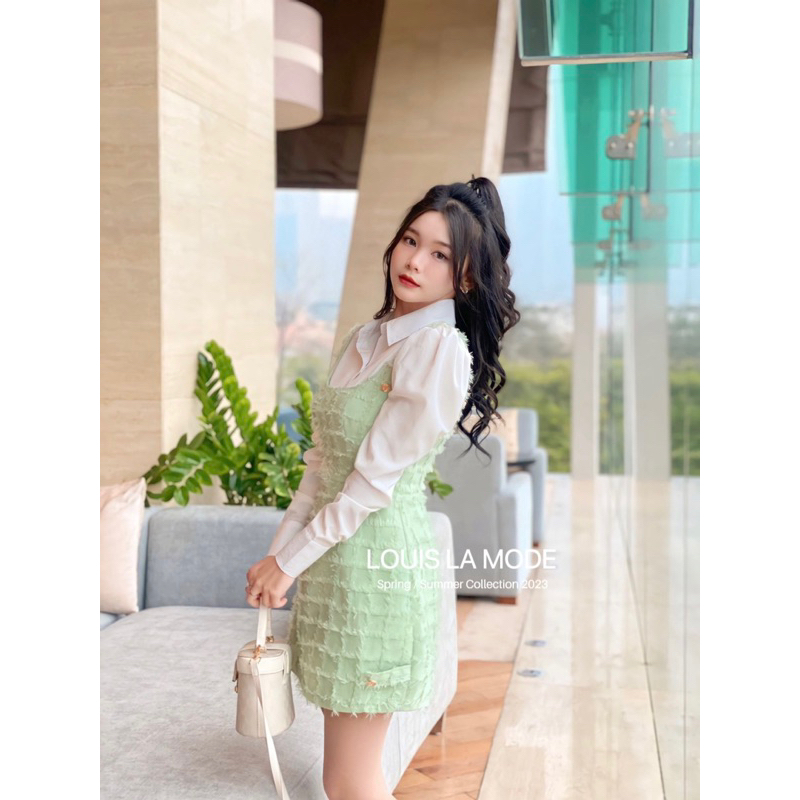 Set Yếm Phối Nhũ Lông Tiểu Thư Kèm Sơ Mi Tay Bồng Ba Màu