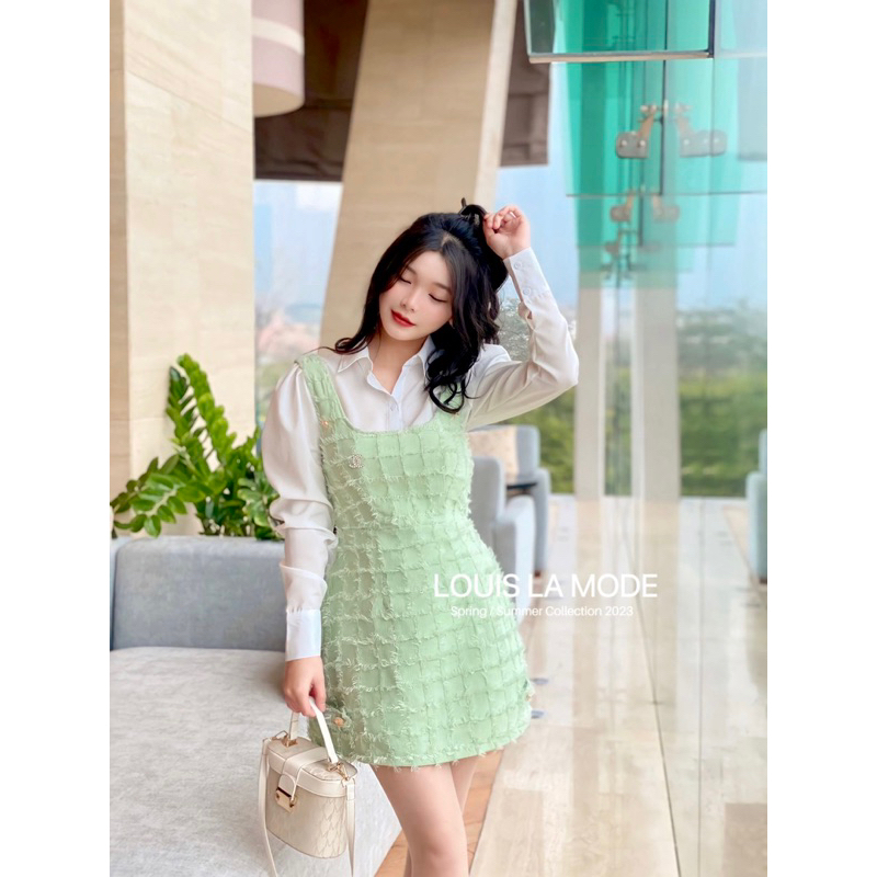 Set Yếm Phối Nhũ Lông Tiểu Thư Kèm Sơ Mi Tay Bồng Ba Màu