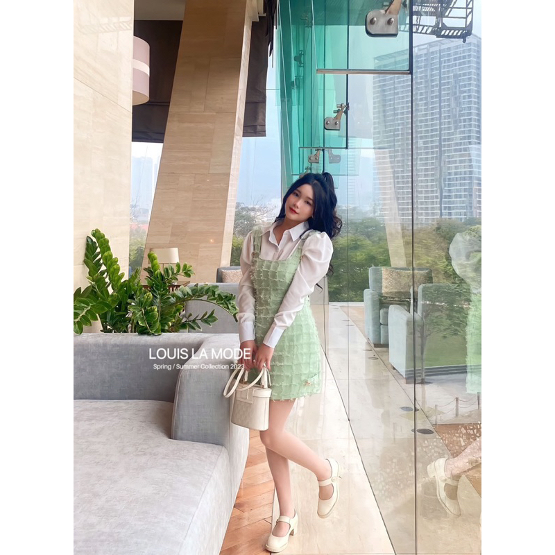 Set Yếm Phối Nhũ Lông Tiểu Thư Kèm Sơ Mi Tay Bồng Ba Màu