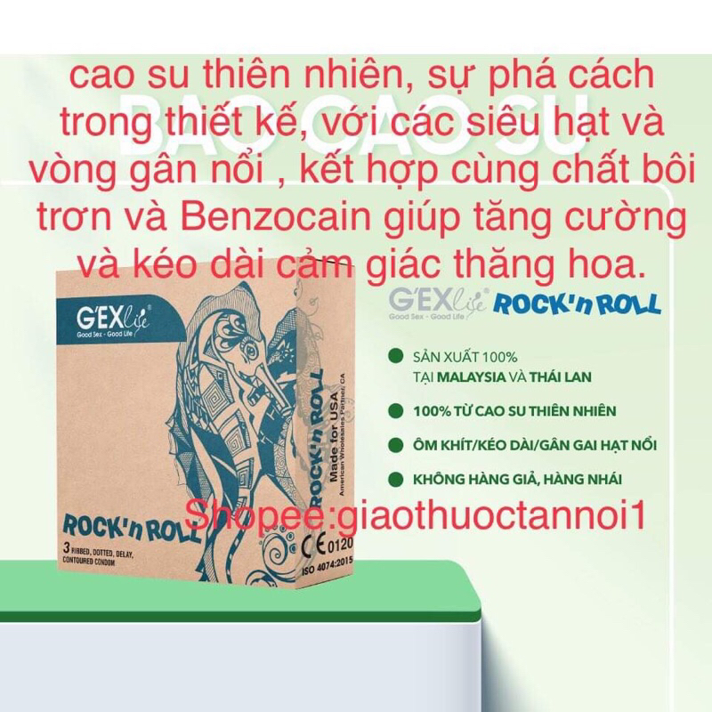 bao cao su G’EXlife ROCK’N ROLL (gexlife condoms Cao su thiên nhiên trong suốt, ôm khít, kéo dài, gân gai hạt nổi