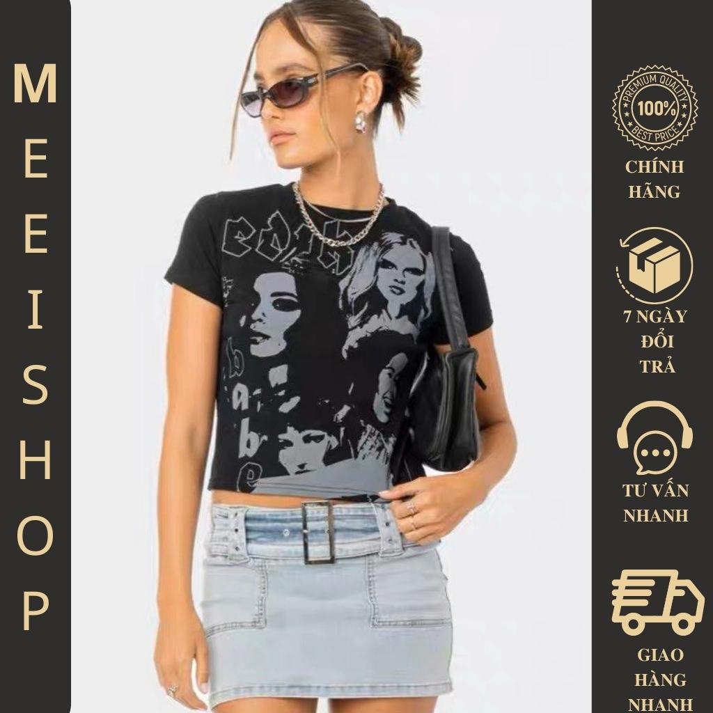 Áo croptop nữ Meei Shop ngắn tay cổ tròn in họa tiết độc đáo, Áo kiểu nữ ôm body chất cotton dày dặn -A27-