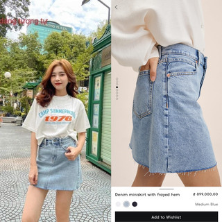 Mango Spain - Chân váy jean chữ A ngắn màu xanh denim nhạt mini bò ôm body auth new tag cao cấp chính hãng