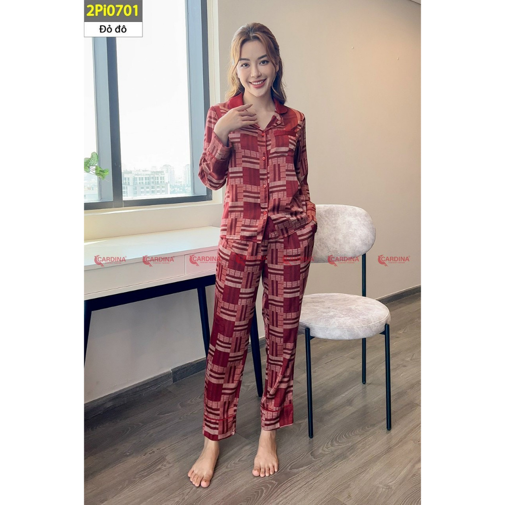 Đồ Bộ Pijama Nữ Cardina Chính Hãng Áo Dài Quần Dài - Chất vải lụa satin mềm mát chống nhăn