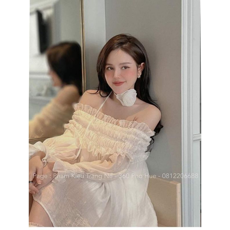 Áo Sơ Mi Trẻ Vai tơ tay Bo Kèm Choker Hoa Trà