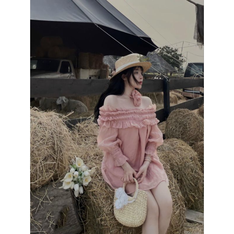 Áo Sơ Mi Trẻ Vai tơ tay Bo Kèm Choker Hoa Trà