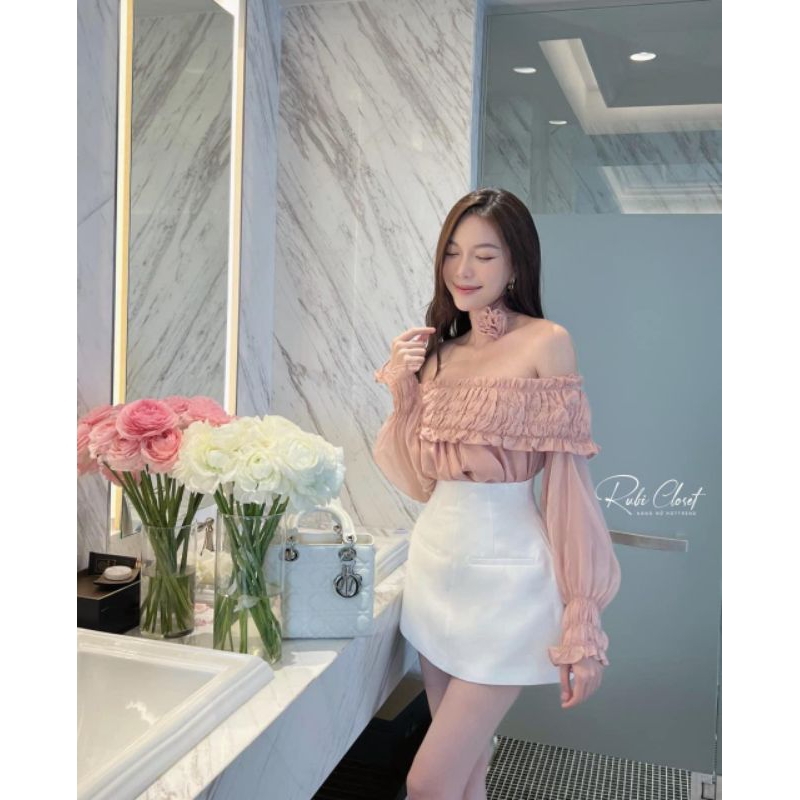 Áo Sơ Mi Trẻ Vai tơ tay Bo Kèm Choker Hoa Trà