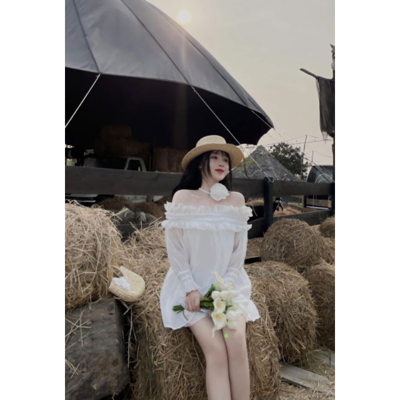 Áo Sơ Mi Trẻ Vai tơ tay Bo Kèm Choker Hoa Trà