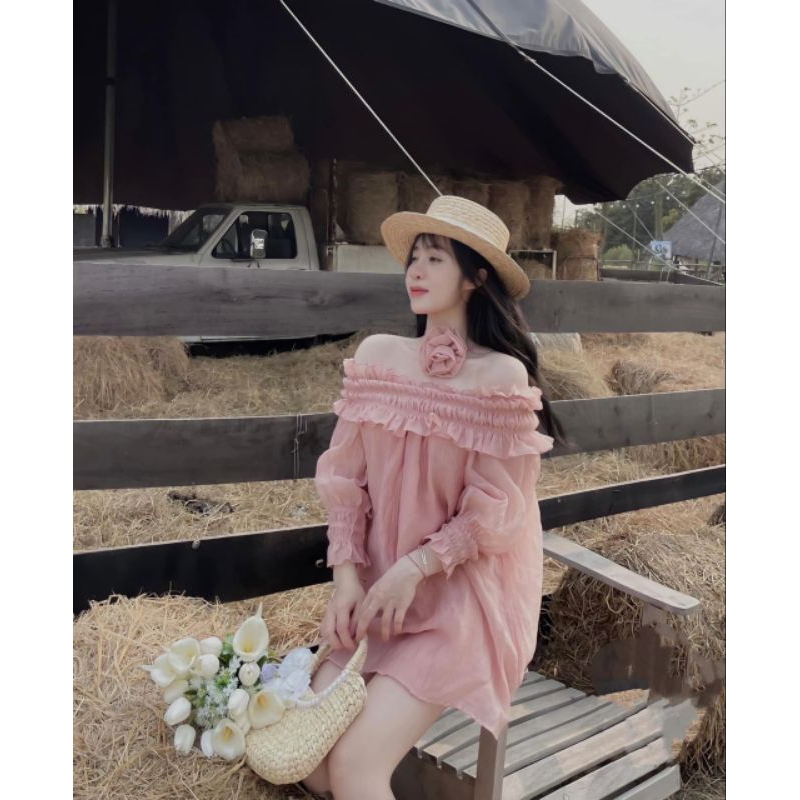 Áo Sơ Mi Trẻ Vai tơ tay Bo Kèm Choker Hoa Trà