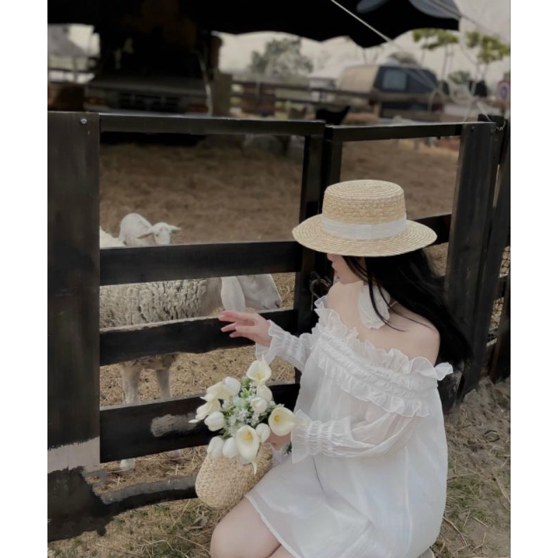 Áo Sơ Mi Trẻ Vai tơ tay Bo Kèm Choker Hoa Trà