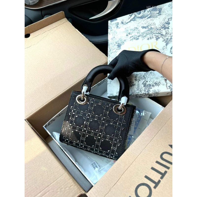 Túi lady 3 ô satin đính đá đen siêu sang chảnh có hộp xịn