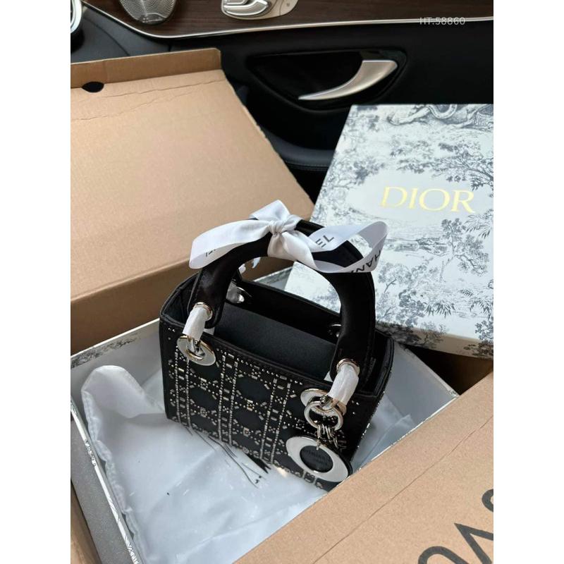 Túi lady 3 ô satin đính đá đen siêu sang chảnh có hộp xịn