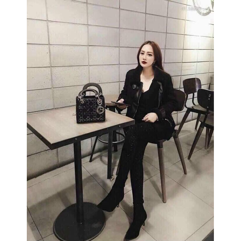 Túi lady 3 ô satin đính đá đen siêu sang chảnh có hộp xịn