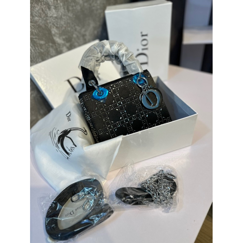 Túi lady 3 ô satin đính đá đen siêu sang chảnh có hộp xịn