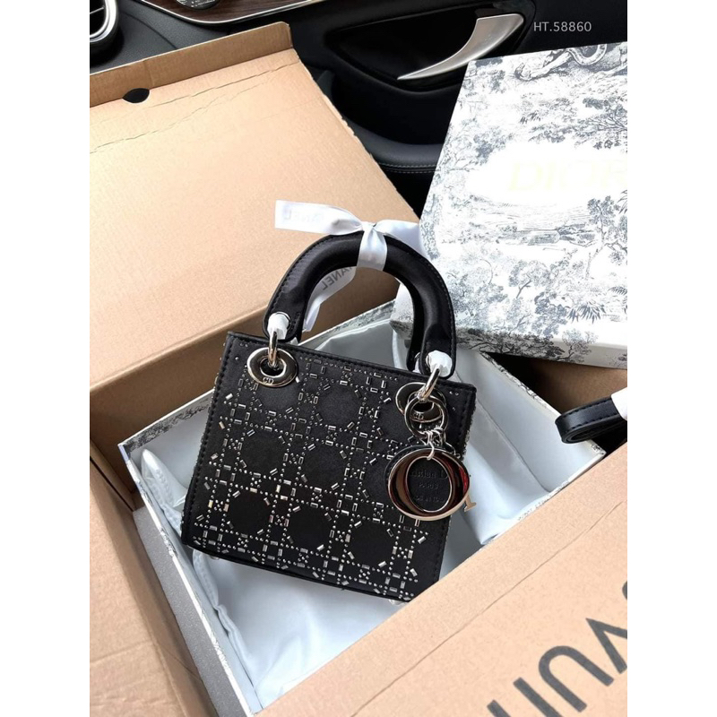 Túi lady 3 ô satin đính đá đen siêu sang chảnh có hộp xịn