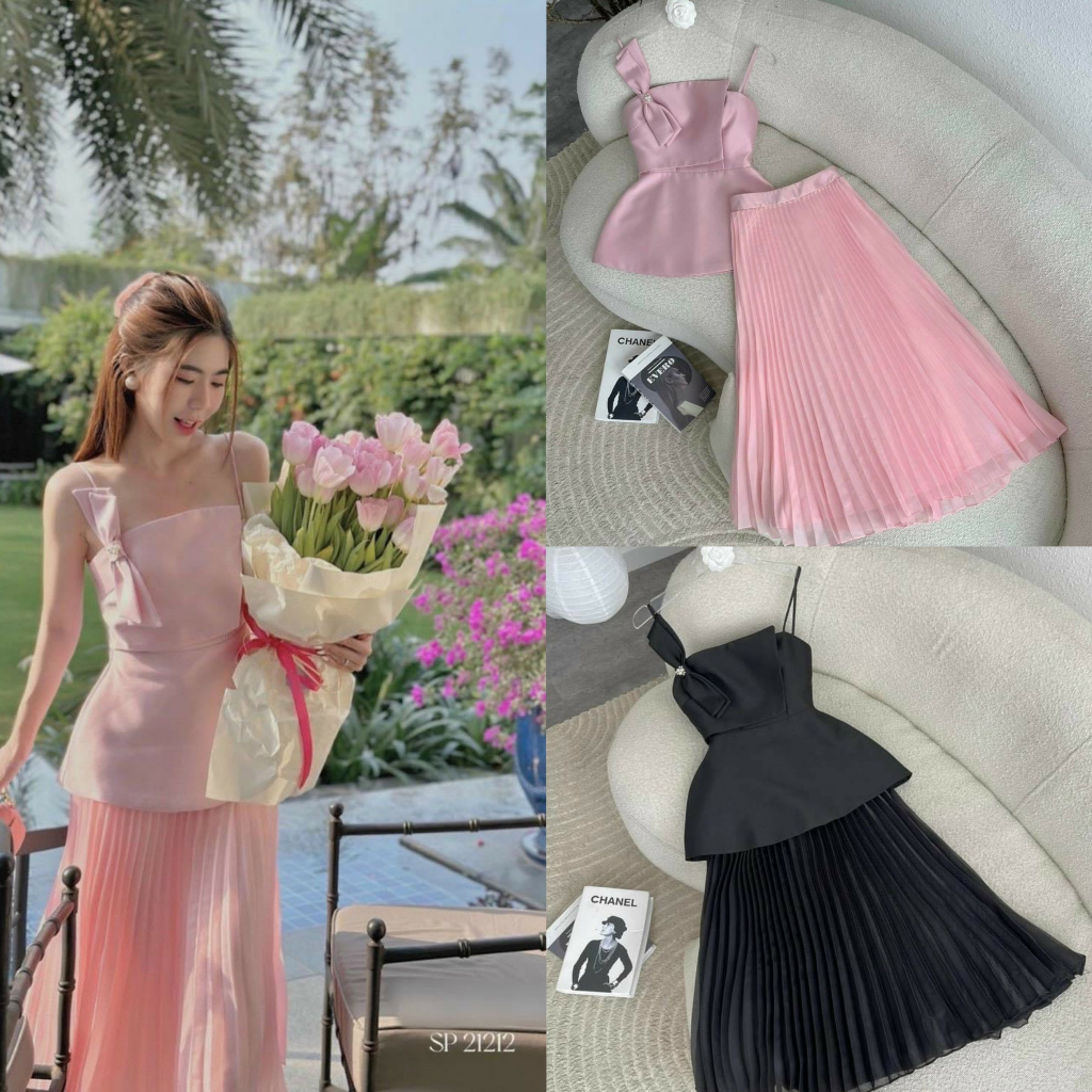 Set chân váy xếp ly dáng xòe và áo hai dây đính nơ dễ thương phù hợp đi chơi, đi tiệc