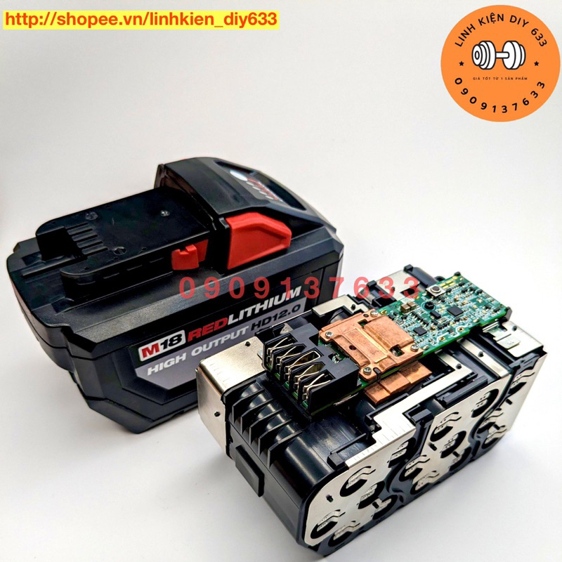 Vỏ mạch Milwaukee 18V-12AH 15 cell nhận sạc zin