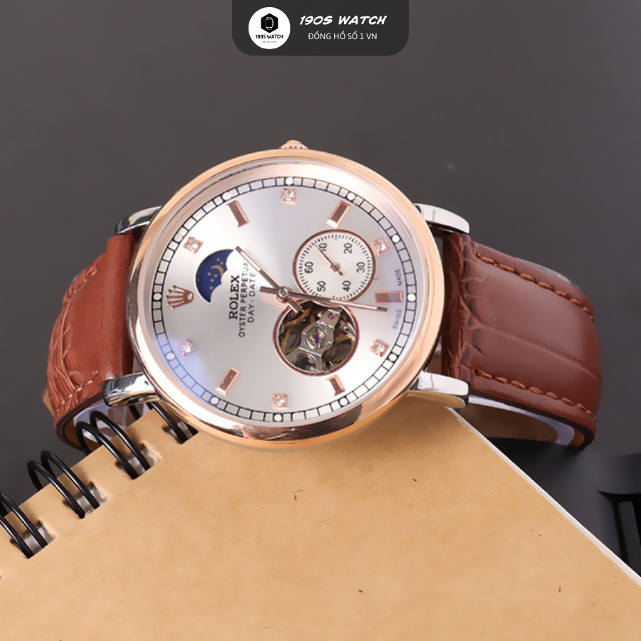 Đồng Hồ Cơ Nam Rolex Sun Moon Automatic Khung viền thép cao cấp, dây da bò sang trọng, có lịch ngày đêm