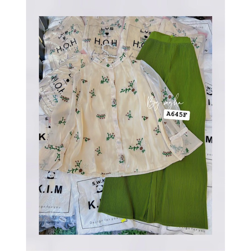 SET SƠ MI KEM TƠ THÊU HOA TAY LOE + QUẦN XANH SUÔNG DẬP LY ANGI HOME