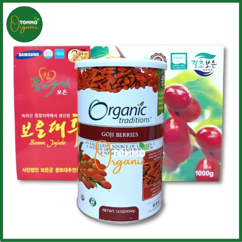 Combo Trà Táo Đỏ, Kỷ Tử - Táo đỏ Hàn Quốc Samsung Boeun Jujube Hộp 1kg Ruột, Kỷ Tử Organic Traditions 454g