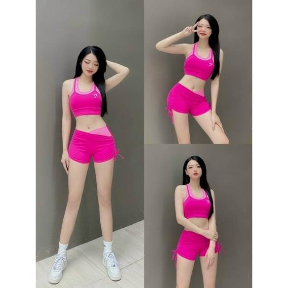 Đồ tập gym nữ bộ tập gym yoga erobic nữ áo bra quần sooc rút dây cạp chéo phối màu