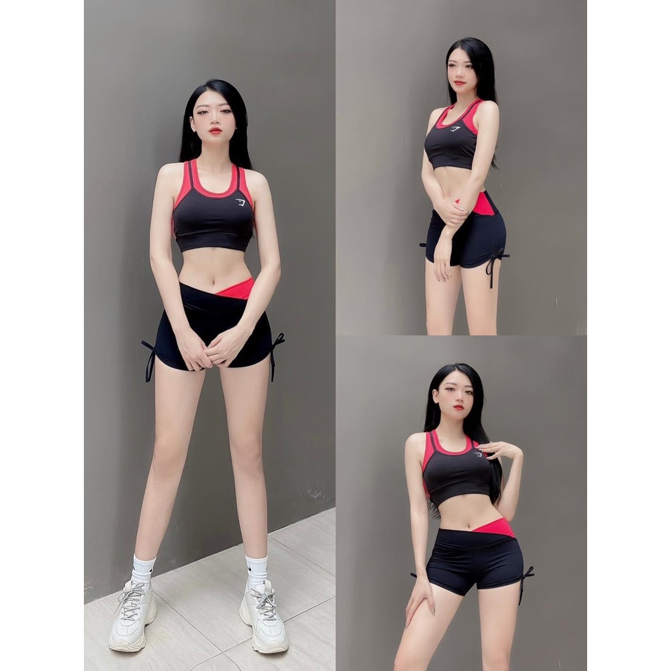 Đồ tập gym nữ bộ tập gym yoga erobic nữ áo bra quần sooc rút dây cạp chéo phối màu