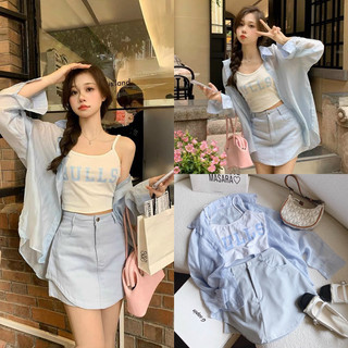 Set sơmi xanh kèm áo 2s chữ + chân váy kaki