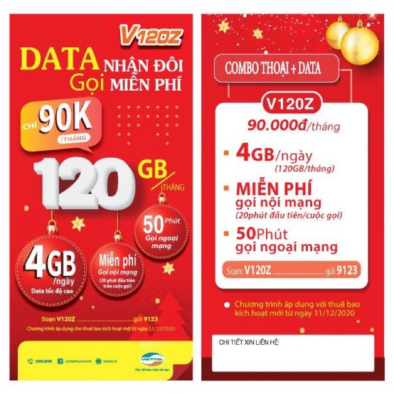 SIM 4G VIETTEL V120Z V90 4Gb/Ngày 1 Tỷ Phút nội mạng 50 phút ngoại mạng Chỉ 90k/Tháng