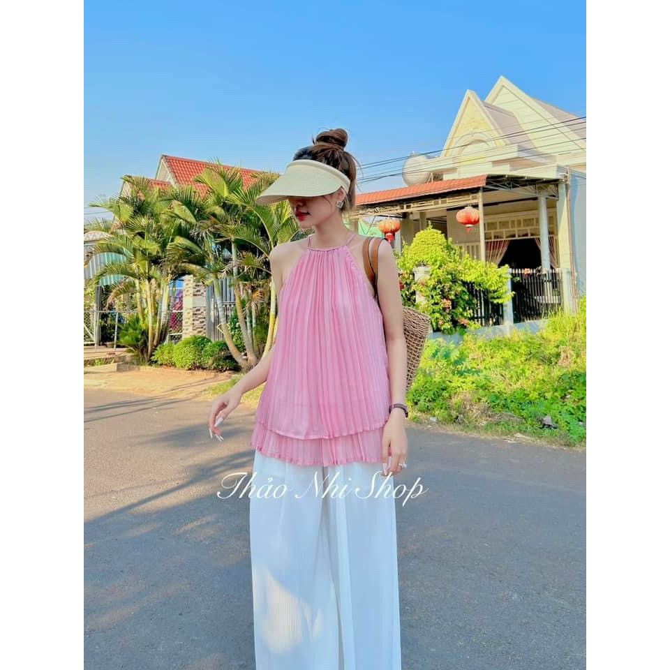 Set bộ nữ dễ thương, set nữ đi chơi 2 món quần dài kèm áo kiểu nữ cổ yếm xếp tầng chất lụa dập ly