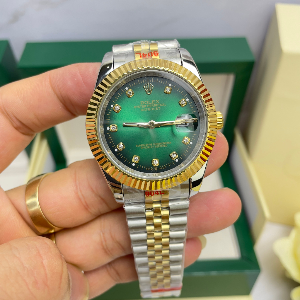 Đồng hồ Nam Rolex day date máy nhật dòng cơ Automatic mặt size 38-41mm số đá đờ mi mặt xanh dây đờ mi trắng vàng gold