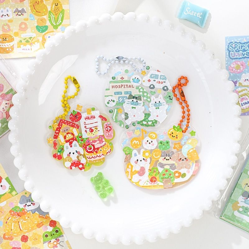 Set 10 tấm sticker chủ đề gấu mèo thỏ dễ thương bling lấp lánh