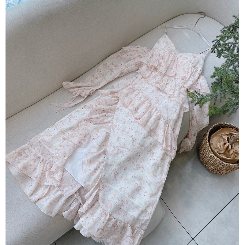 VÁY MAXI HOA NUDE CỔ V BÈO NHIỀU BÈO