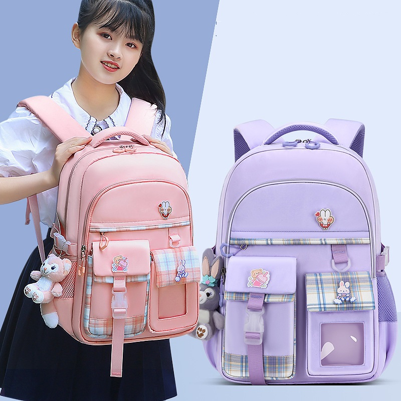 Balo Học Sinh Bé Gái Lớp 1-5 Chất Liệu Vải Polyester Chống Thấm Và Nhẹ, Họa Tiết Đáng Yêu Kèm Stick và Móc Gấu Bống
