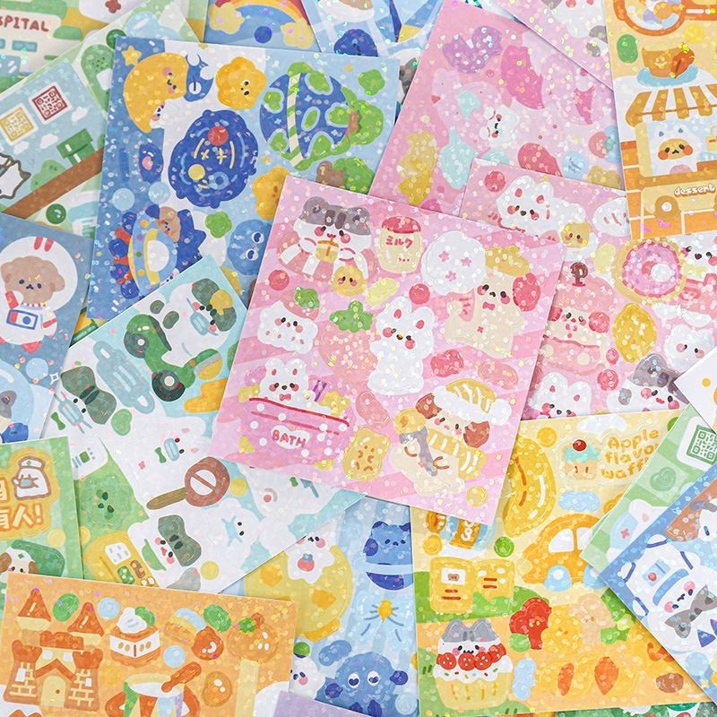 Set 10 tấm sticker chủ đề gấu mèo thỏ dễ thương bling lấp lánh