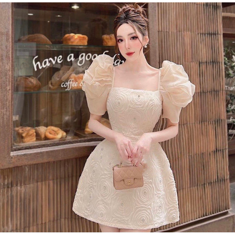Váy nữ cổ vuông tay cuốn hoa bồng đính đá siêu xinh váy nữ thiết kế
