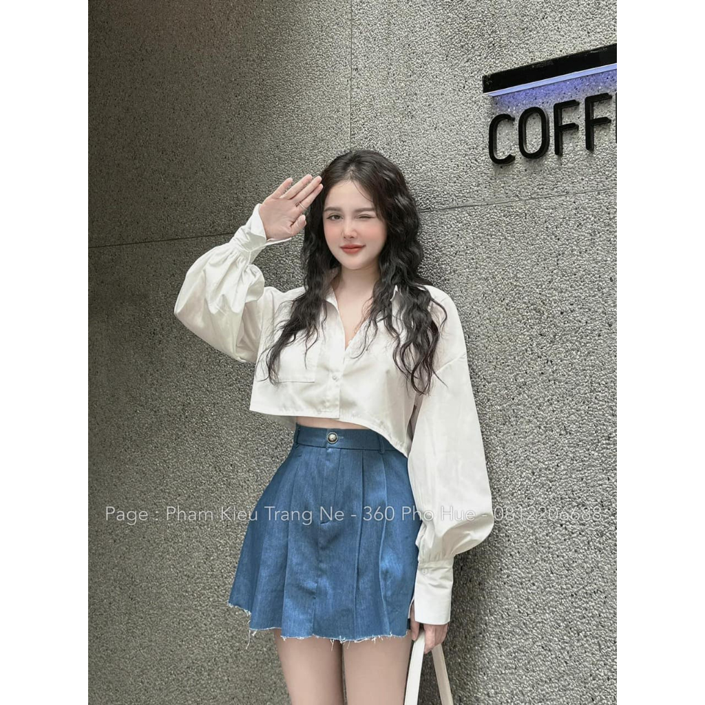 Sét áo sơ mi croptop + chân váy bò cạp cao (kèm ảnh thật)